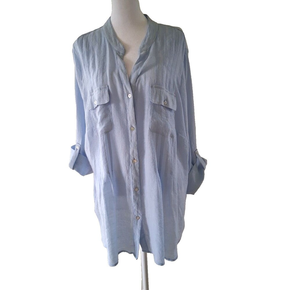 Ruby Rd Button Up Shirt 2X Roll Tab Sleeve Coastal Boho Beach Gauzy Pale Blue